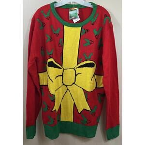 Forum Novelties Women’s Ugly Christmas Sweater L Red W/ Yellow Bow Green Holiday